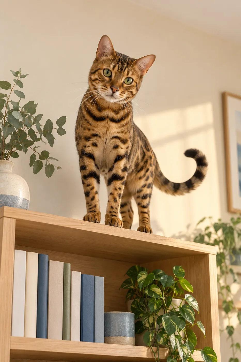 A spotted brown Bengal perched on top of a wooden bookcase