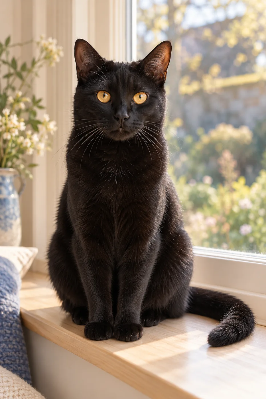 A sleek black cat with amber eyes sitting on a sunlit windowsill