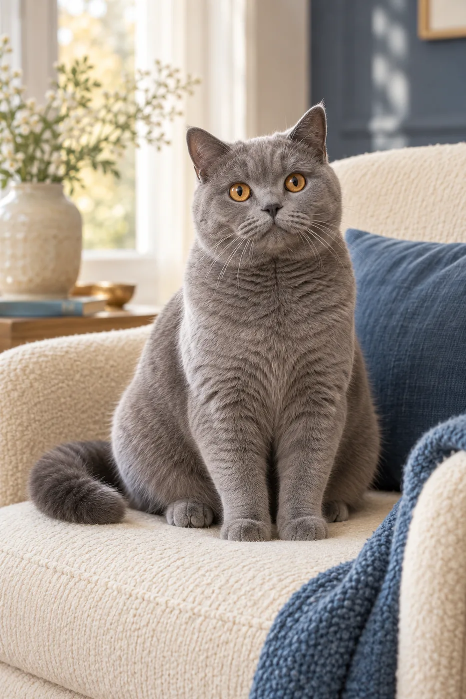 A blue-grey British Shorthair with copper eyes on a cream armchair