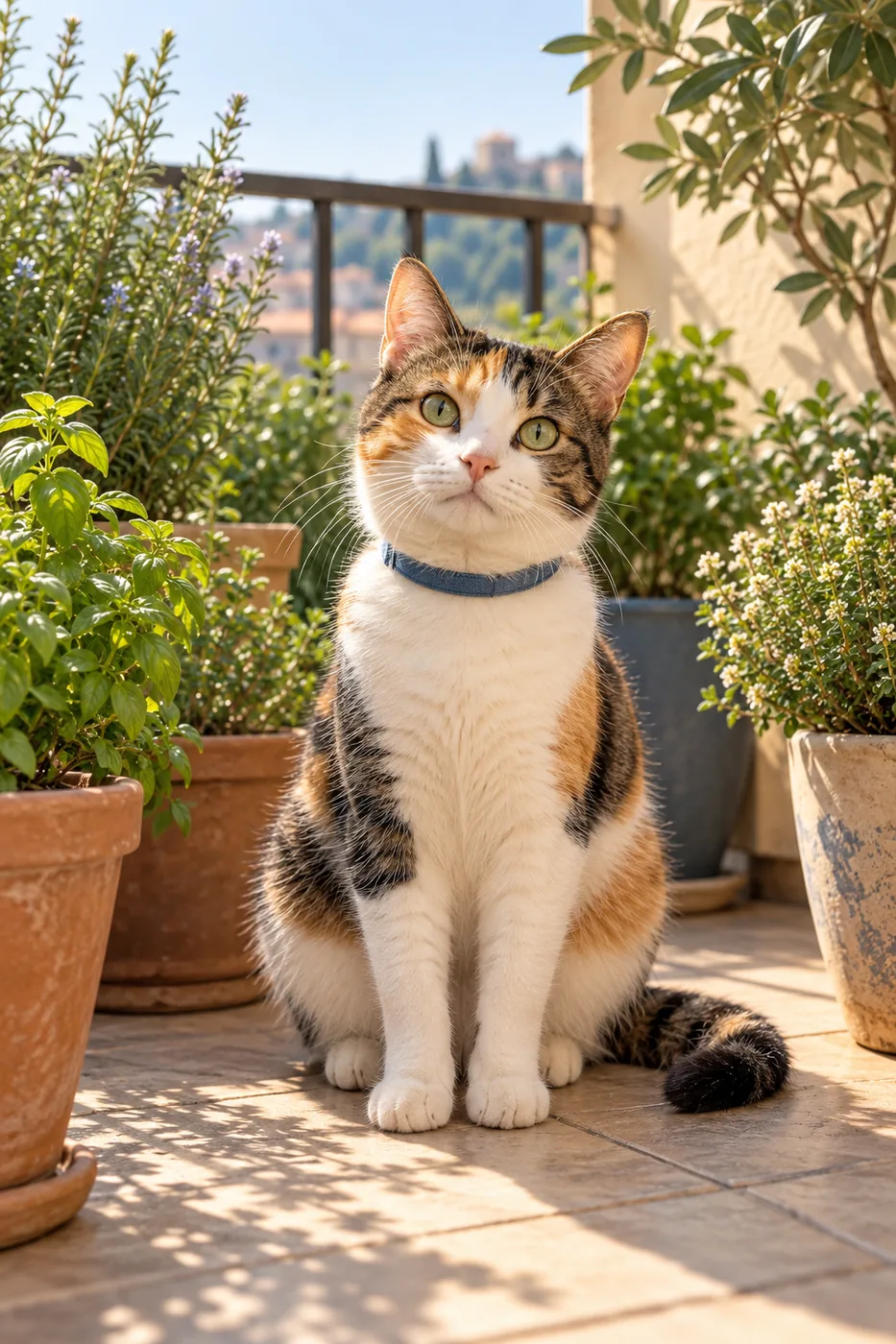 A calico cat sitting among potted herbs on a sunny balcony