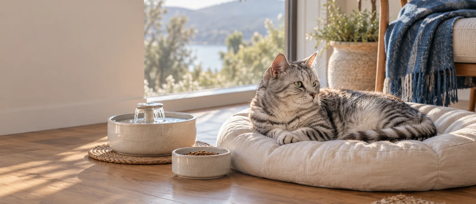A silver tabby resting by a window beside a food bowl and water fountain