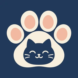 Purrs & Days emblem: a happy-eyes cat inside an ivory toe-bean paw with peach pads, on dusk blue
