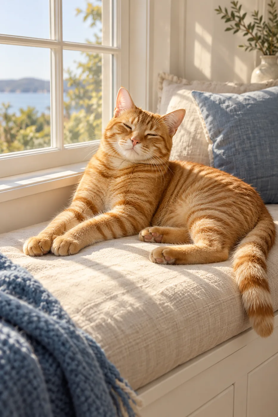 A ginger tabby cat stretched in a sunbeam on a cream window seat