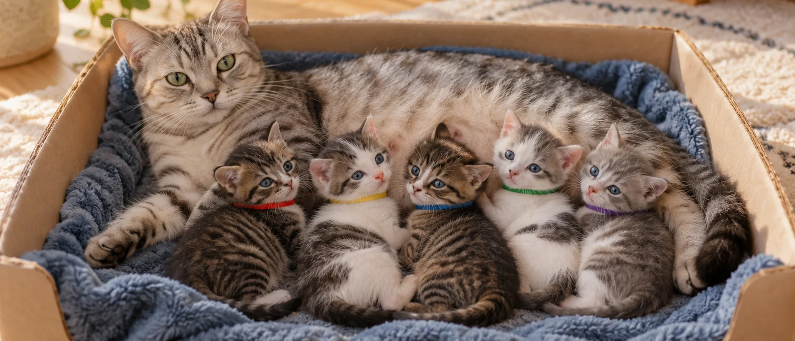 A silver tabby mother with five kittens wearing different coloured ID bands, resting on a dusk-blue blanket