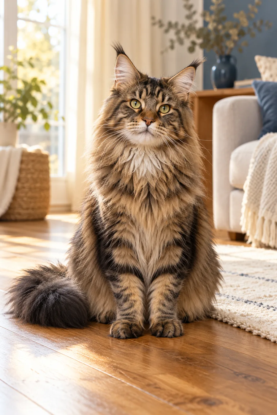 A large brown tabby Maine Coon sitting on a warm wooden floor