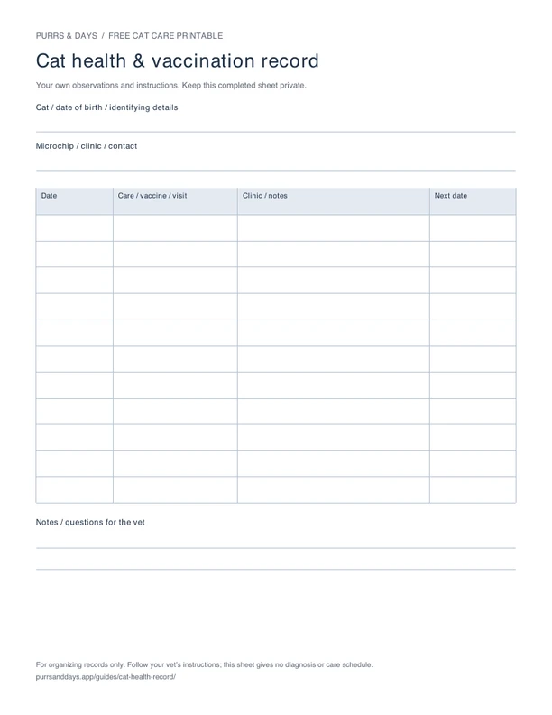 Blank cat health & vaccination record sheet with Date, Care / vaccine / visit, Clinic / notes, Next date