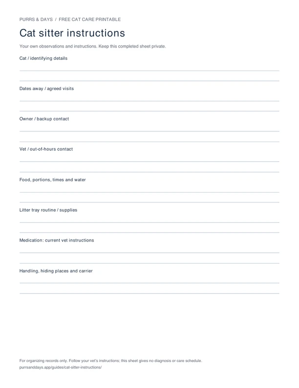 Blank cat sitter instructions sheet with routine and contact fields