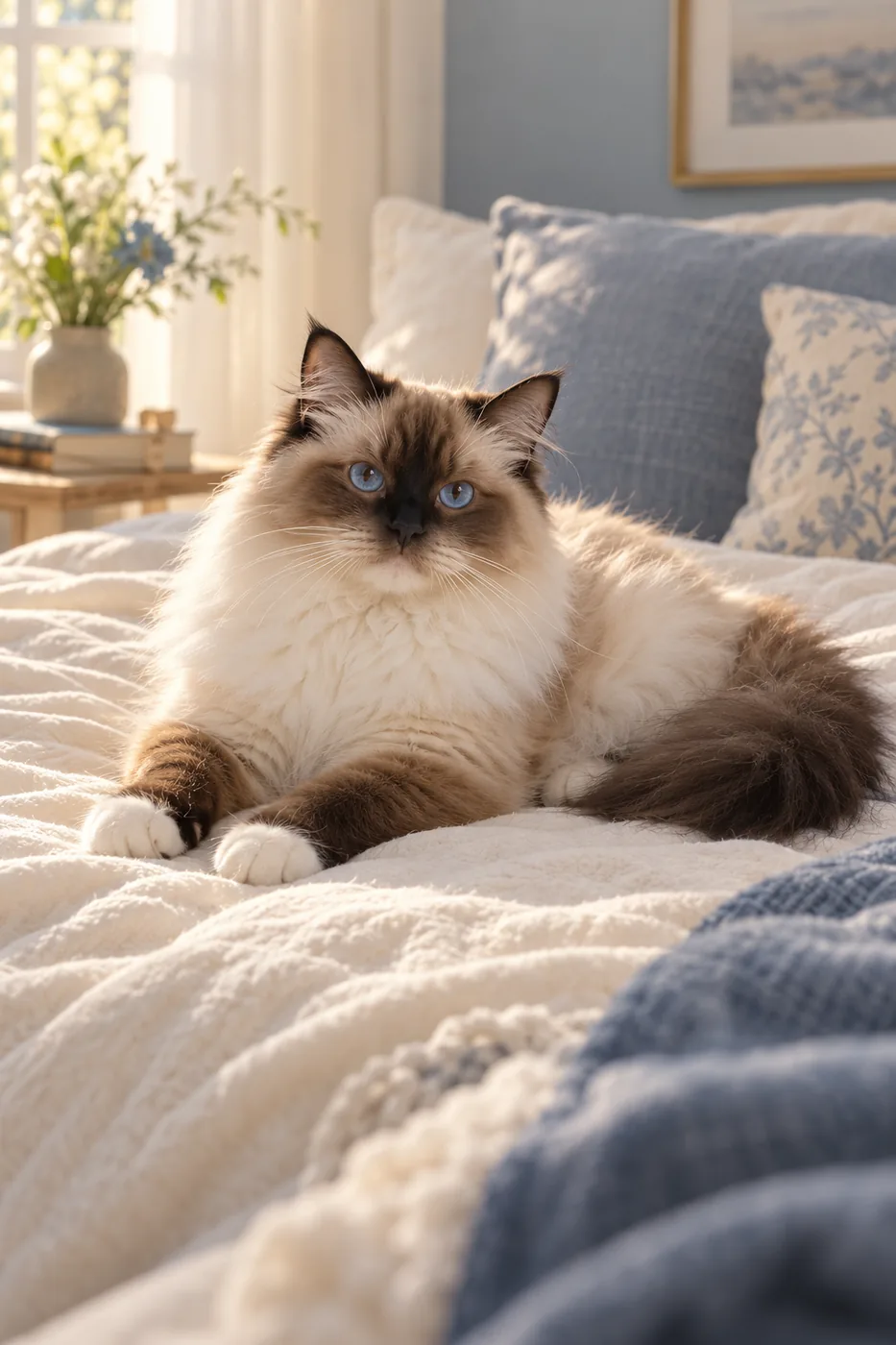 A seal-point Ragdoll lounging on a soft cream bedspread