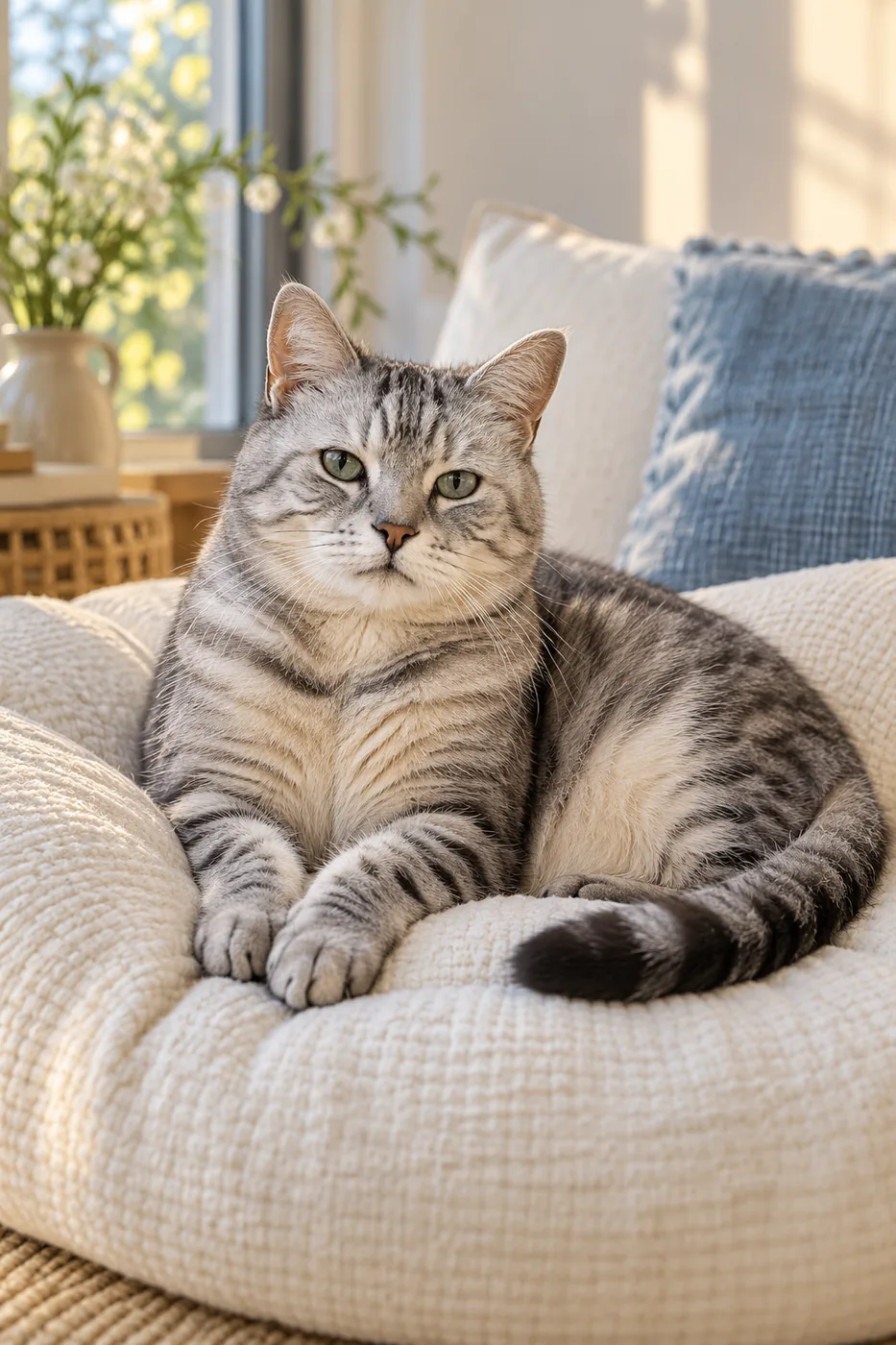 An elderly silver tabby cat resting on a cream cushion