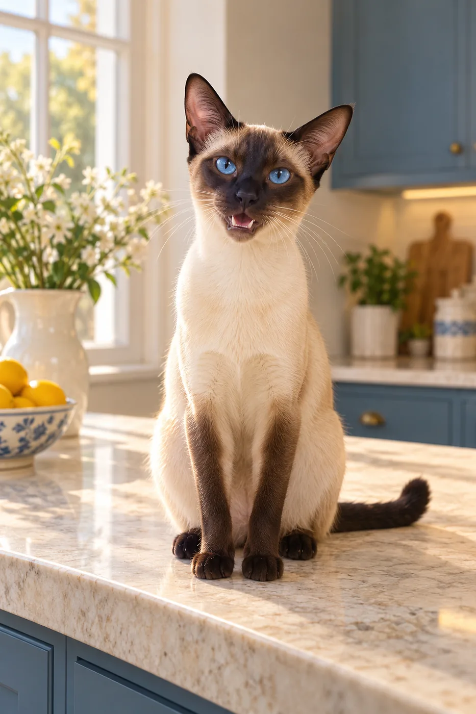 A seal-point Siamese with blue eyes on a light stone counter
