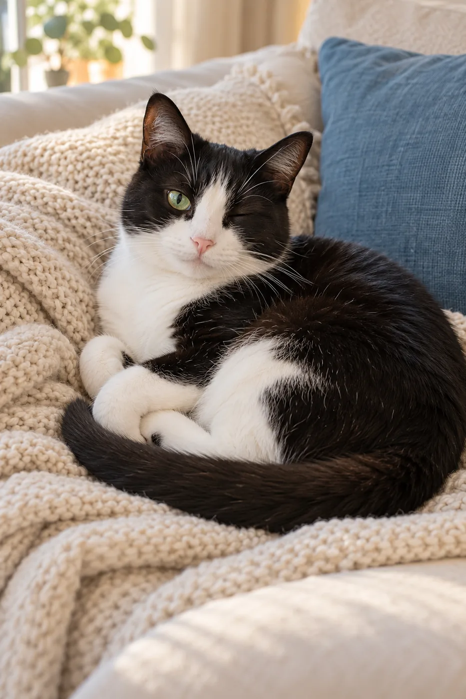 A black-and-white tuxedo cat curled on a knitted throw